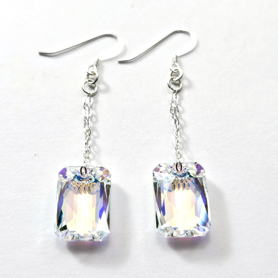 Swarovski Emerald Cut Aurora Crystal Earrings on Sterling Silver