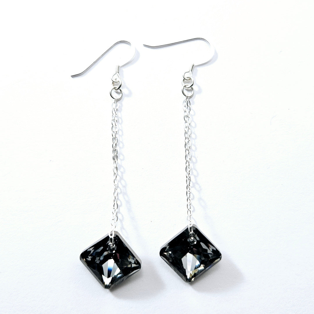 Swarovski Princess Cut Silver Night Crystal Earrings on Sterling Silver Chain