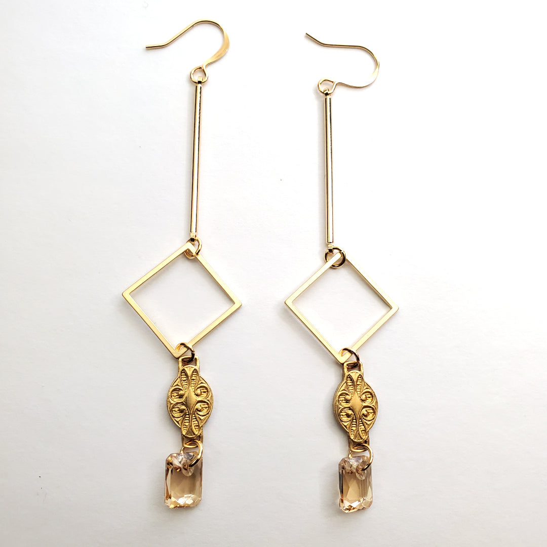 Golden Crystal Geo Drop Earrings